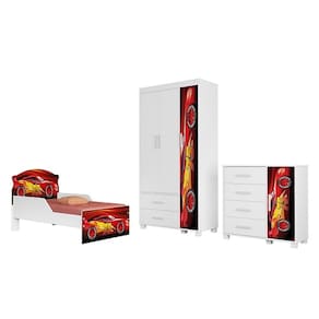 Conjunto Roupeiro/Cômoda/Cama Juvenil Livia Carro Vermelho - VJ Móveis