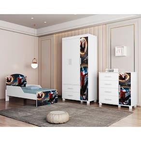 Conjunto Roupeiro/Cômoda/Cama Juvenil Livia Super Herói - VJ Móveis