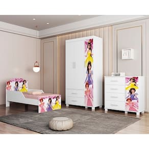 Conjunto Roupeiro/Cômoda/Cama Juvenil Livia Princesa - VJ Móveis