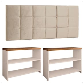 Kit Quarto 2 Sapateira Recamier Organizadora 9 Pares Calçados Off White/Freijó Cabeceira Suspensa Cama Box Casal 1,40 Areia Suede - Lojas RPM