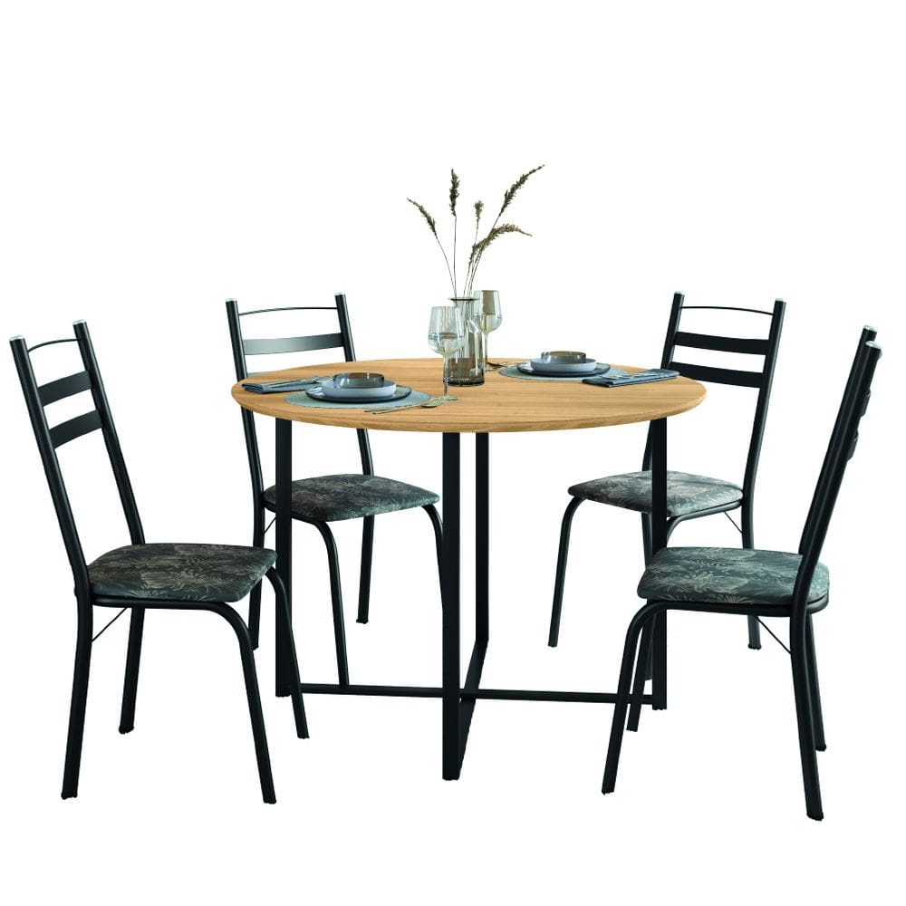 Conjunto Mesa Sala de Jantar com 4 Cadeiras Tampo Redondo 1m Madeirado Leia Preto Floral Artefamol