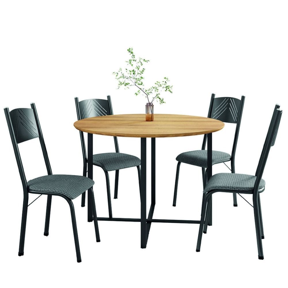 Conjunto de Mesa Sala de Jantar c/ 4 Cadeiras Tampo Redondo 1m Madeirado Liz Preto/Platina Artefamol