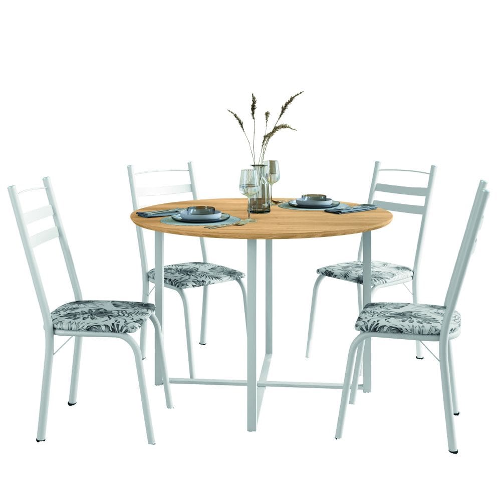 Conjunto Mesa Sala de Jantar com 4 Cadeiras Tampo Redondo 1m Madeirado Leia Branco Floral Artefamol