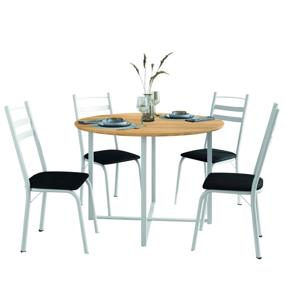 Conjunto Mesa Sala de Jantar com 4 Cadeiras Tampo Redondo 1m Madeirado Leia Branco/Preto Artefamol