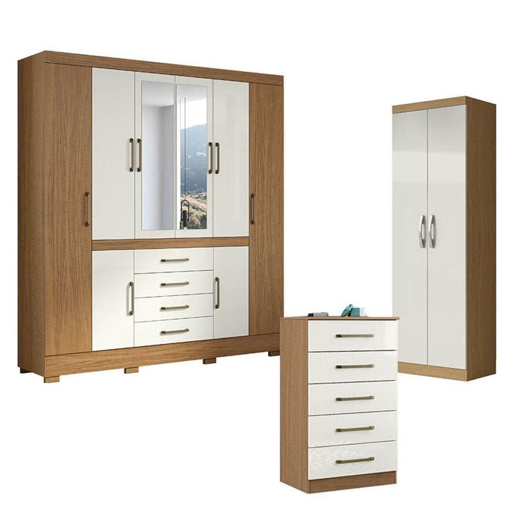 Guarda Roupa Casal Nápole 2045149 e Armário Multiuso New 2000192 e Cômoda 2014140 Atacama Off White - Aramóveis