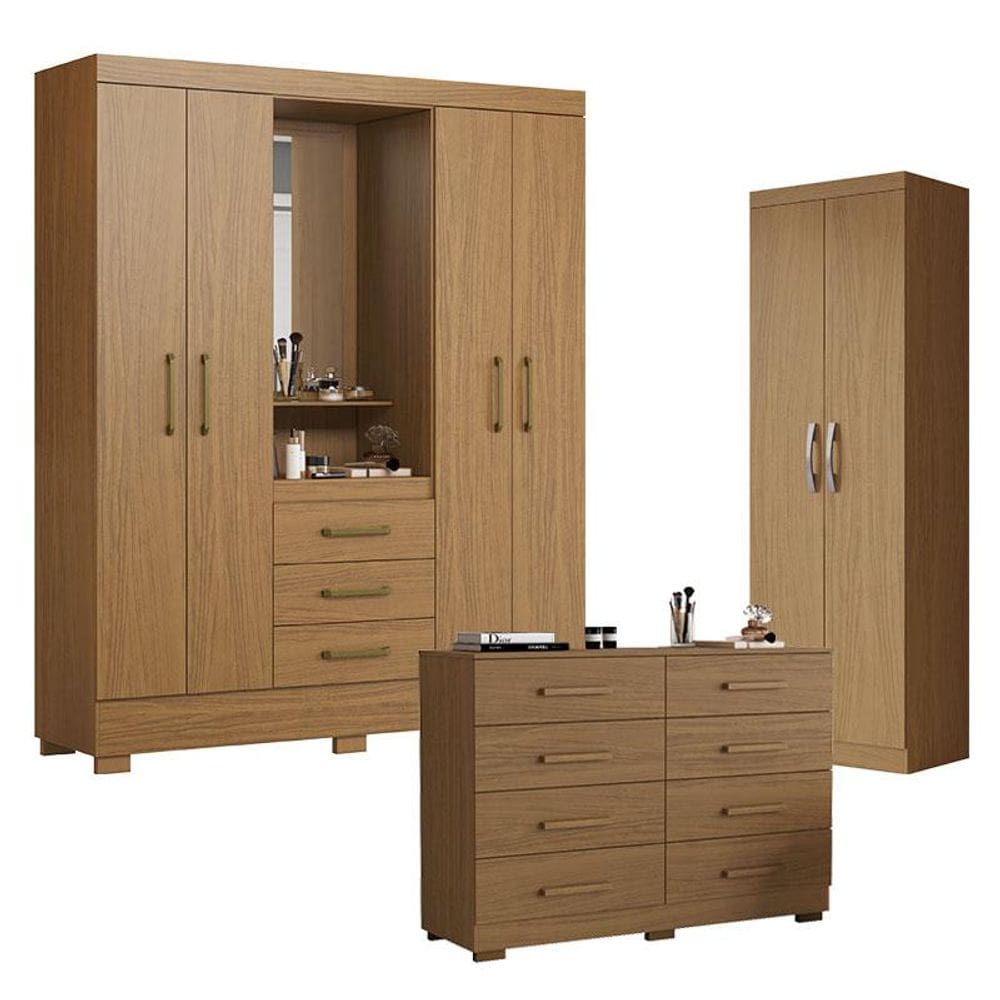 Guarda Roupa Solteiro Paris 2045150 com Armário Multiuso 2000192 e Cômoda 2014148 Atacama - Aramóveis