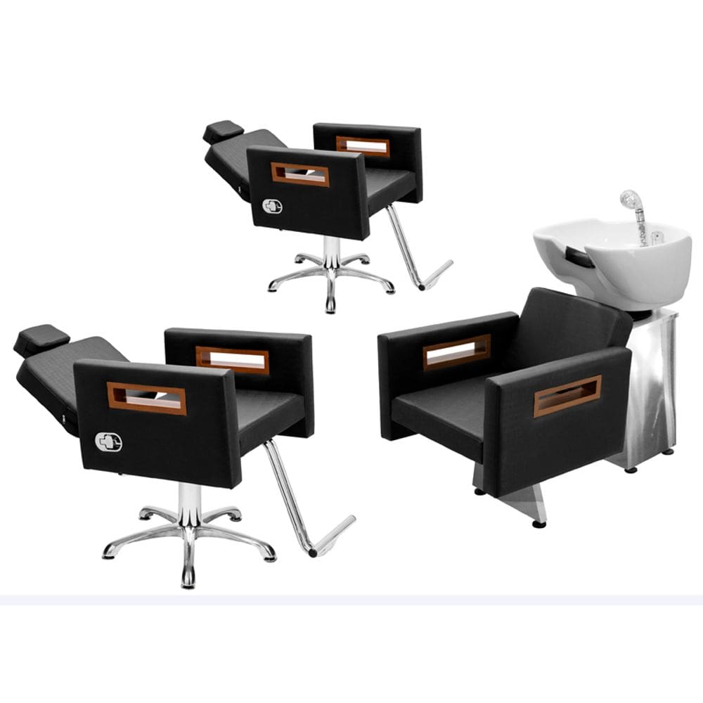 Kit Salão de Beleza 2 Cadeiras Reclináveis Estrela + 1 Lavatório Base Inox Tunísia