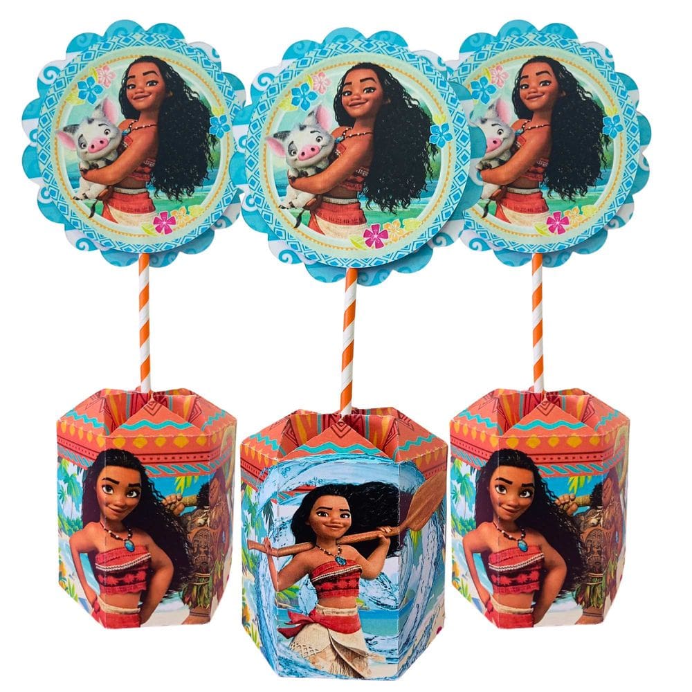 Kit 10 Centro de Mesa Decoração Moana e Maui Personalização Tropical Monta fácil 30cm