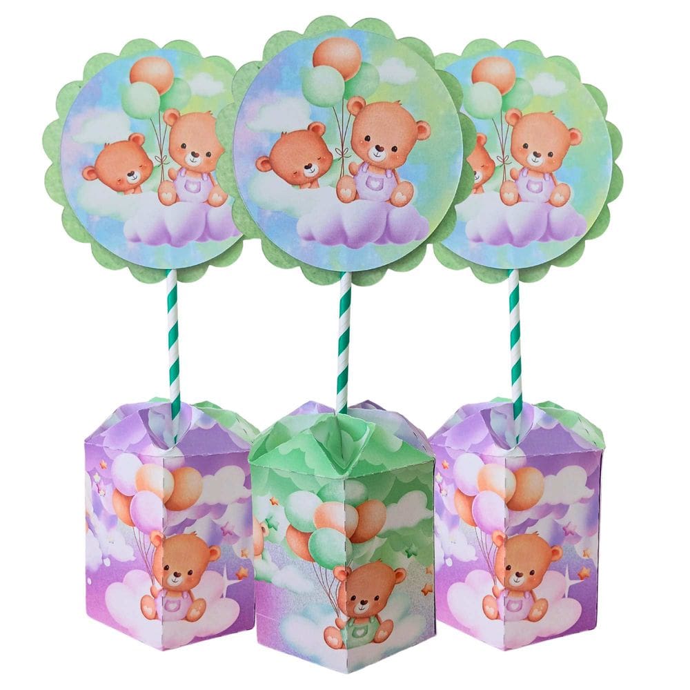 Kit 10 Centro De Mesa Decorativo Ursinhos Lilas e Verde Personalização Chá Revelação 30cm Montagem Facil
