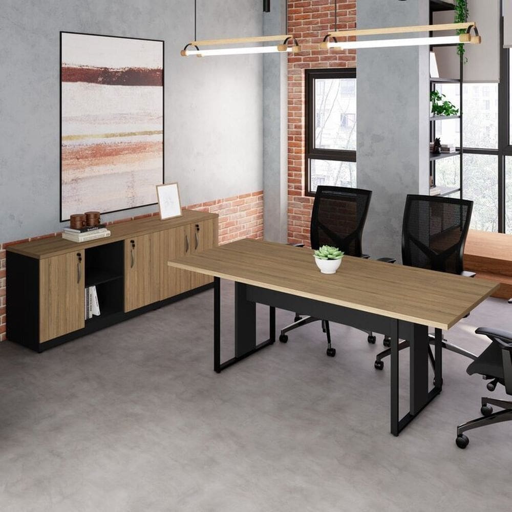 Conjunto para Escritório com Mesa de Reunião 6 Lugares e 2 Armários Baixos com Chave Espresso Móveis Macadâmia/Preto