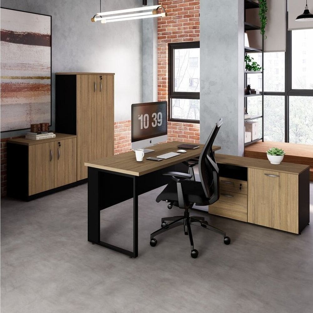 Conjunto para Escritório com Mesa Diretor em L, 1 Armário Alto e 1 Armário Baixo Espresso Móveis Macadâmia/Preto