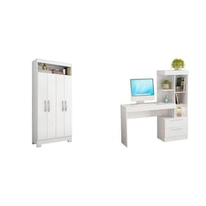 Conjunto Escritório com Mesa Escrivaninha e Armário 4 Portas com Nicho Branco