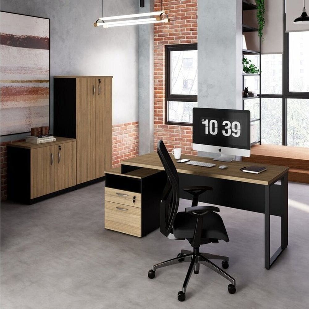 Conjunto para Escritório com Mesa Diretor, 1 Armário Alto e 1 Armário Baixo Espresso Móveis Macadâmia/Preto