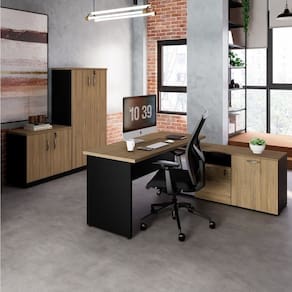 Conjunto para Escritório com Mesa Diretor em L, 1 Armário Alto e 1 Armário Baixo Espresso Móveis Macadâmia/Preto