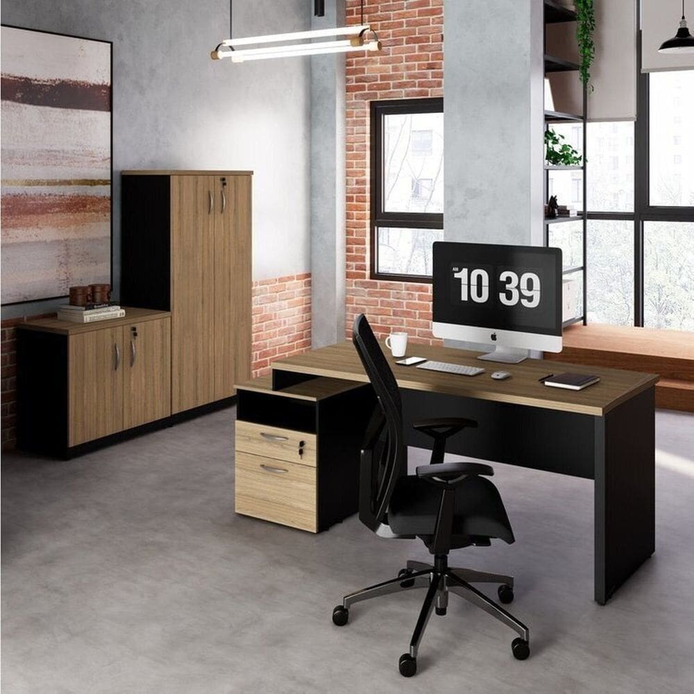 Conjunto para Escritório com Mesa Diretor, 1 Armário Alto e 1 Armário Baixo Espresso Móveis Macadâmia/Preto