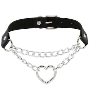 Gargantilha De Couro Choker Corrente Pingente Coração Coleira Gótica Punk Kawaii Cosplay Lolita E-girl e Mística