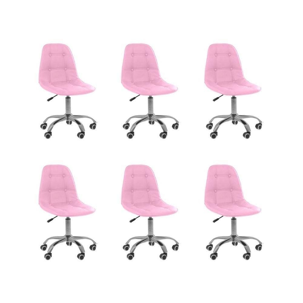 Kit 6 Cadeiras Office Eiffel Botonê Ajustável Base Giratória Rosa