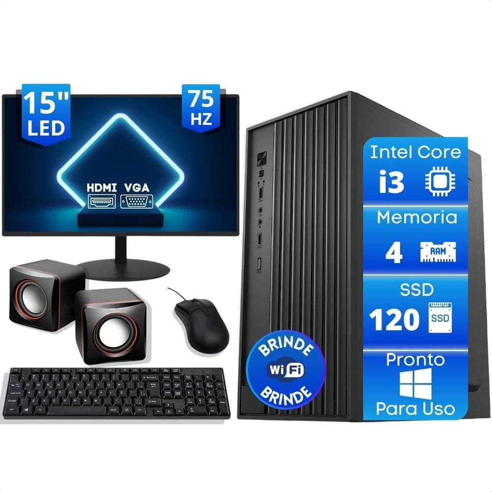 Computador Office Completo Intel Core I3 4Gb SSD 120Gb Monitor 15 Caixa de Som