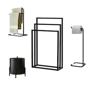 Kit para Banheiro Porta Toalha de Chão Lixeira Suporte Papel e Porta Toalha Duplo