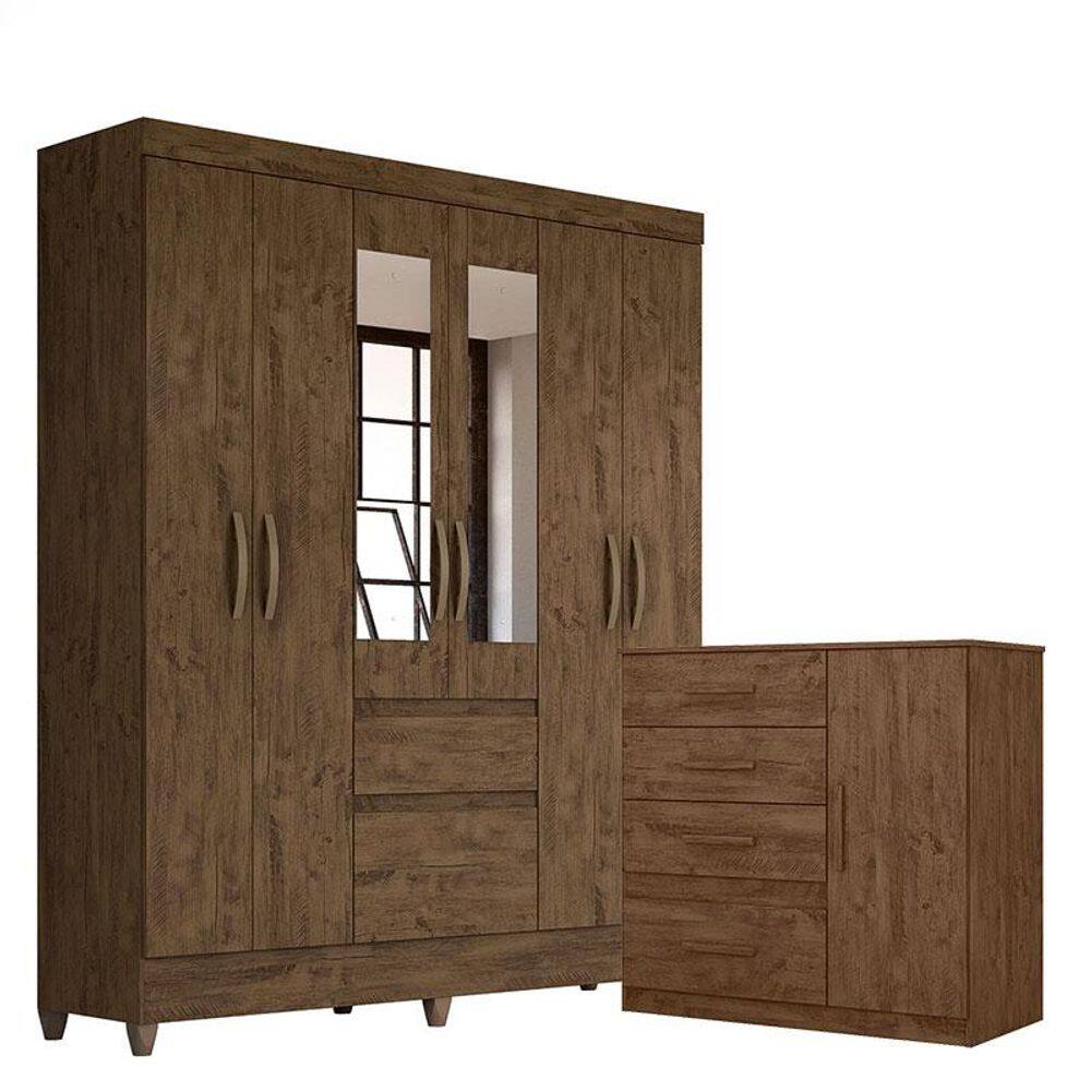 Guarda Roupa Casal New Cuba com Espelho e Cômoda Venus Castanho Wood Flex- Moval
