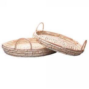 Conjunto 2 Bandejas Redondas Decorativas de Fibra Natural e Alça em Rattan Braid Lyor