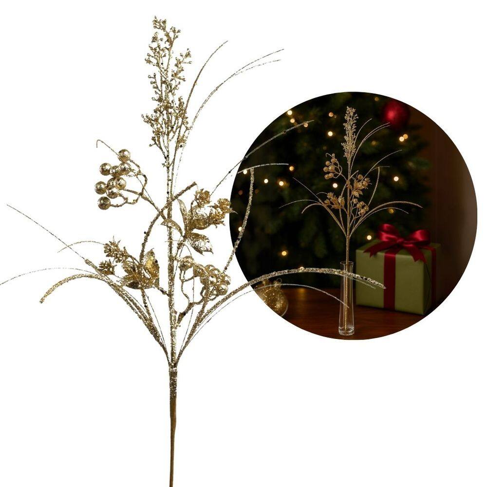 Galho Natalino Decorativo Flores e Berries Glitter Dourado Brilho Luxo 72cm - Magizi