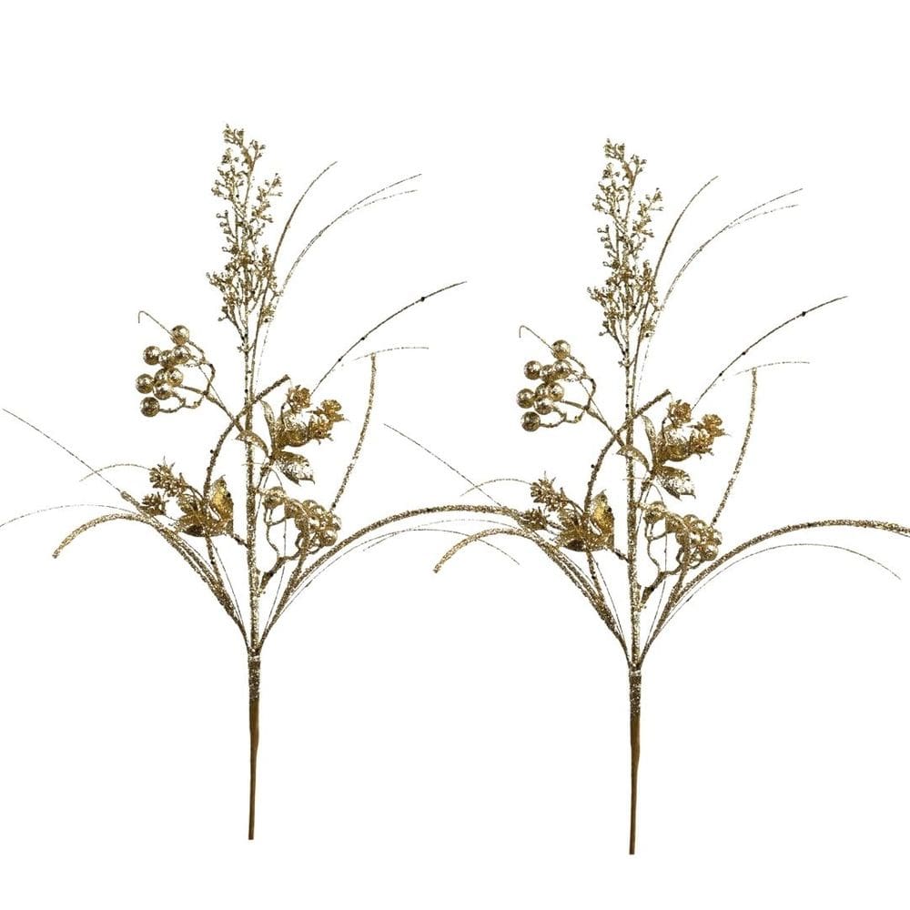 Jogo 2 Galhos Natalino Decorativo Flores e Berries Glitter Dourado Brilho Luxo 72cm - Magizi