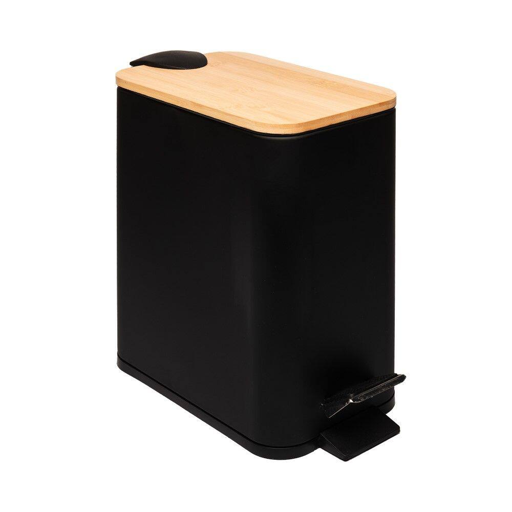 Lixeira 5L Retangular de Metal com Pedal e Tampa em Bambu Preta Lyor