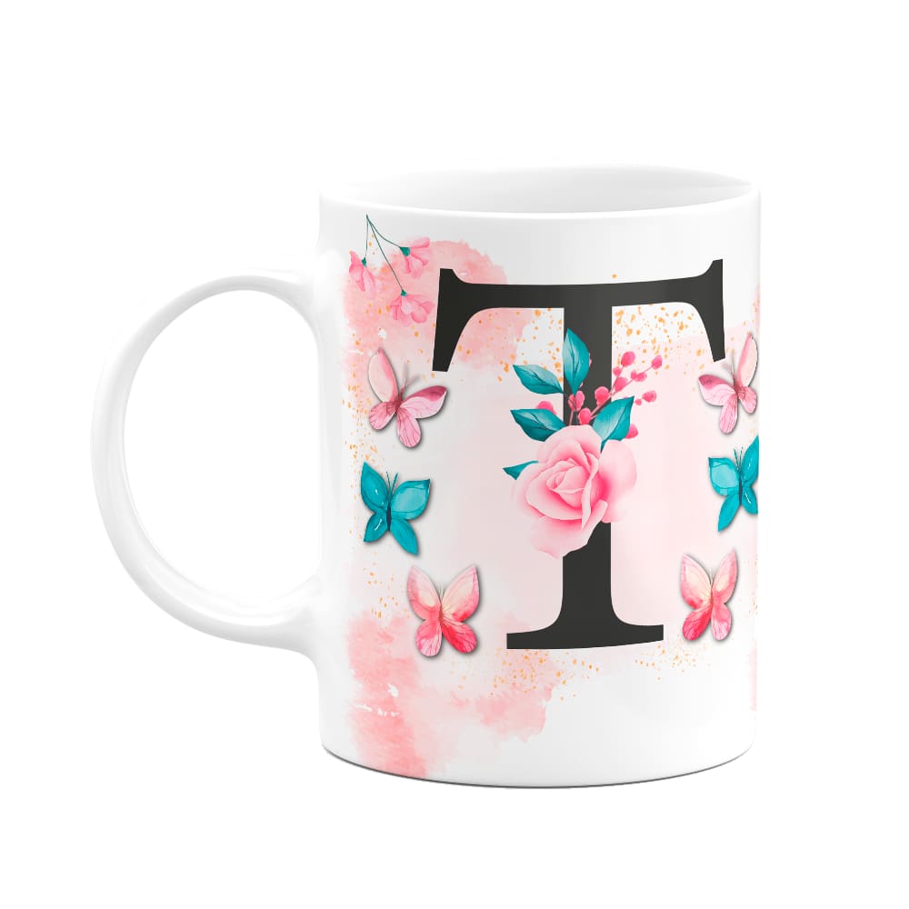 Caneca Butterfly - Inicial do nome letra T - 325ml