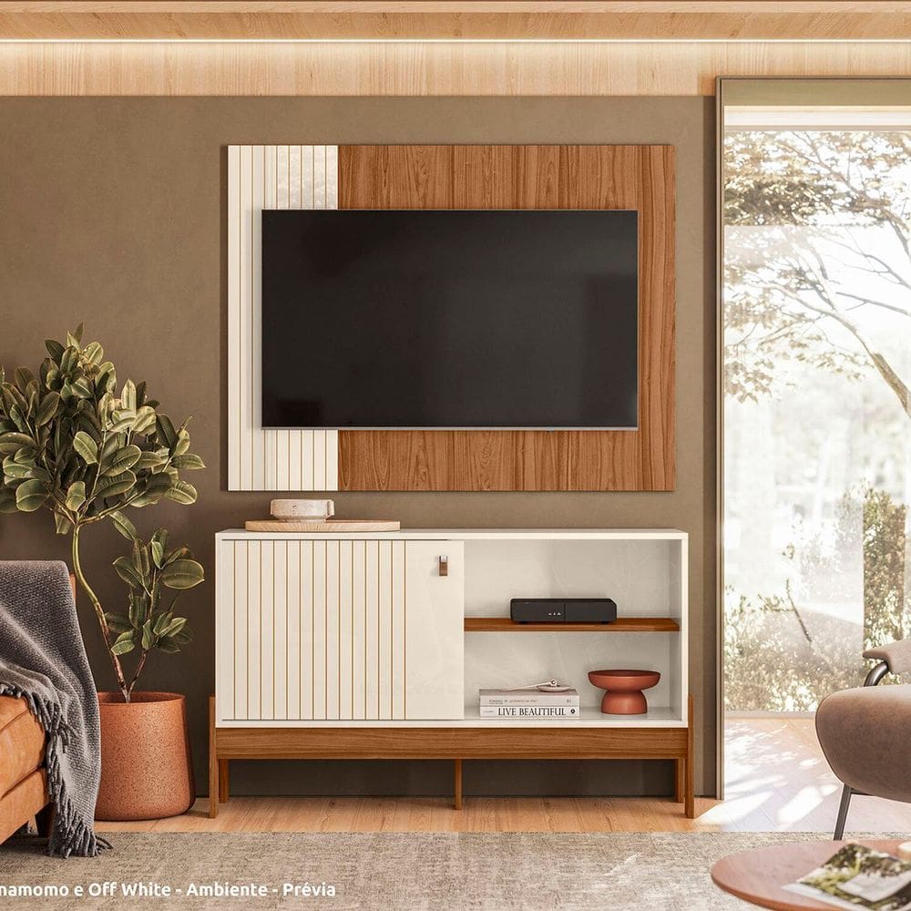 Rack com Painel para Tv 42 Polegadas Wood Perola Metalizado / Cinamomo Mel