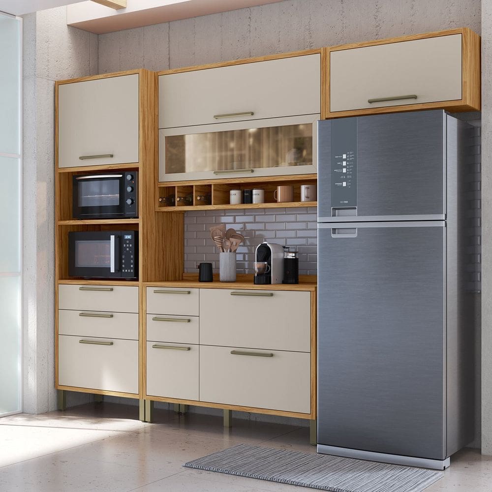 Cozinha Compacta Modulada 4 Peças Vicenza Espresso Móveis Amêndoa/Off-White