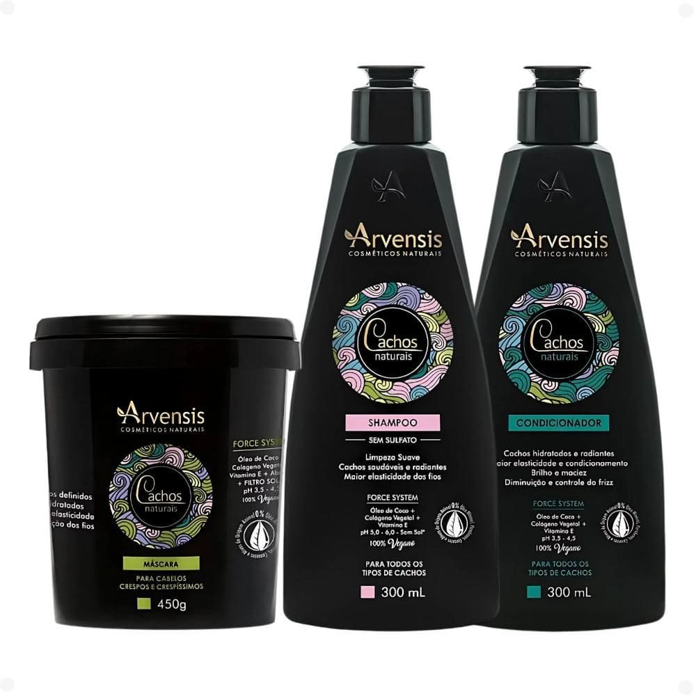 Kit Arvensis Cachos Naturais Cabelos Crespos e Crespíssimos: Shampoo 300ml, Condicionador 300ml e Máscara 450g