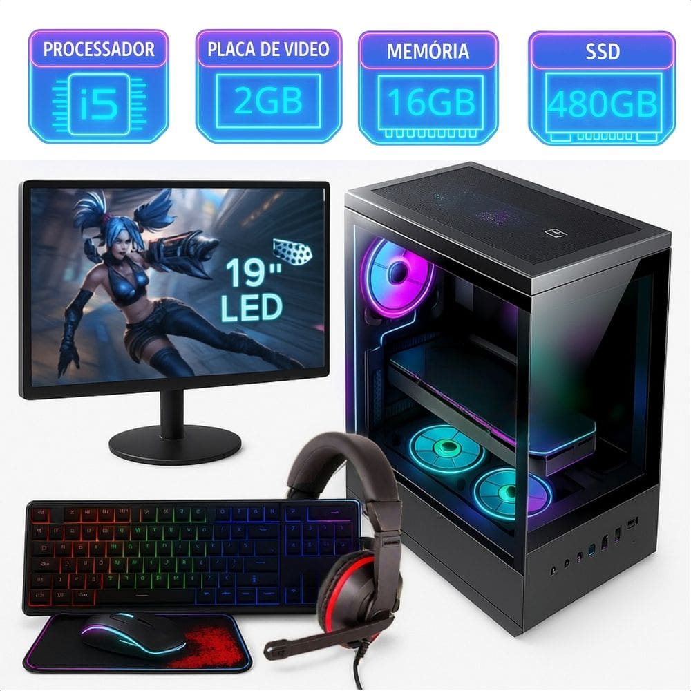 Pc Gamer Completo Intel I5 16Gb SSD 480Gb Placa de Video 2Gb Aquario Monitor 19