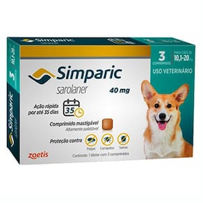 Simparic Antipulgas e Carrapatos 40mg Para Cães de 10,1 a 20kg 3 Comprimidos