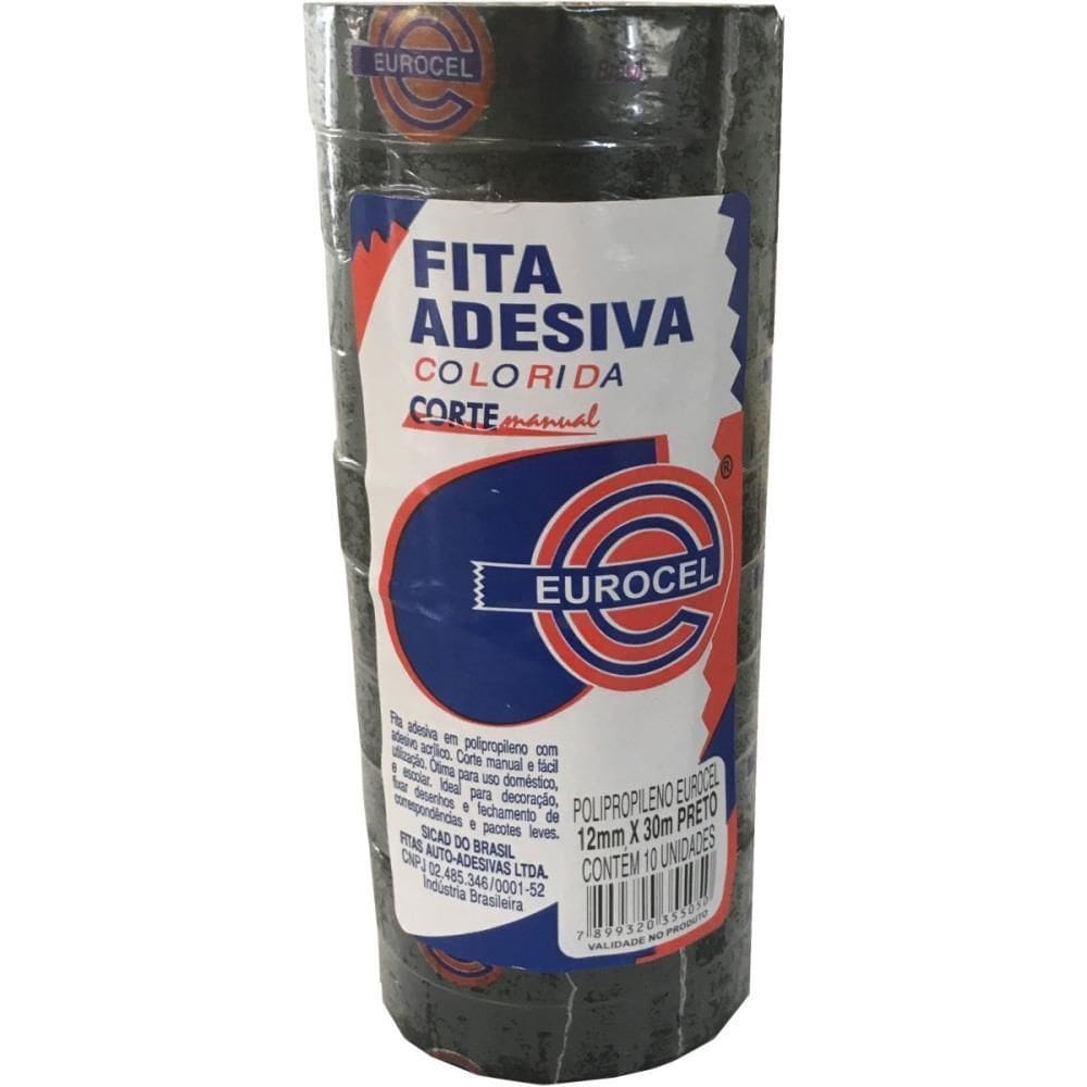 Fita Adesiva PP 2000 12mmx30m Preta 10 unid - Eurocel