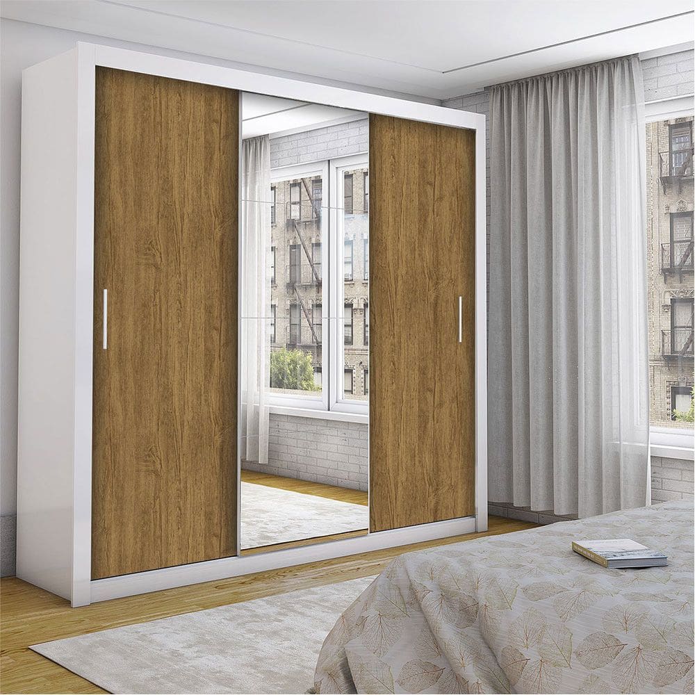 Guarda Roupa Isabela Casal 3 Portas de Correr Com Espelho Luxo Carioca Móveis