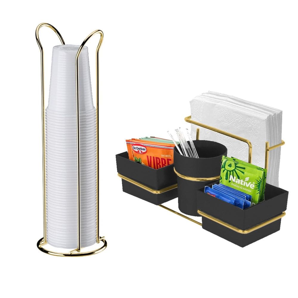 Kit Porta Sachê Guardanapo + Organizador Copos 200ml Cozinha Café Preto Dourado - Future