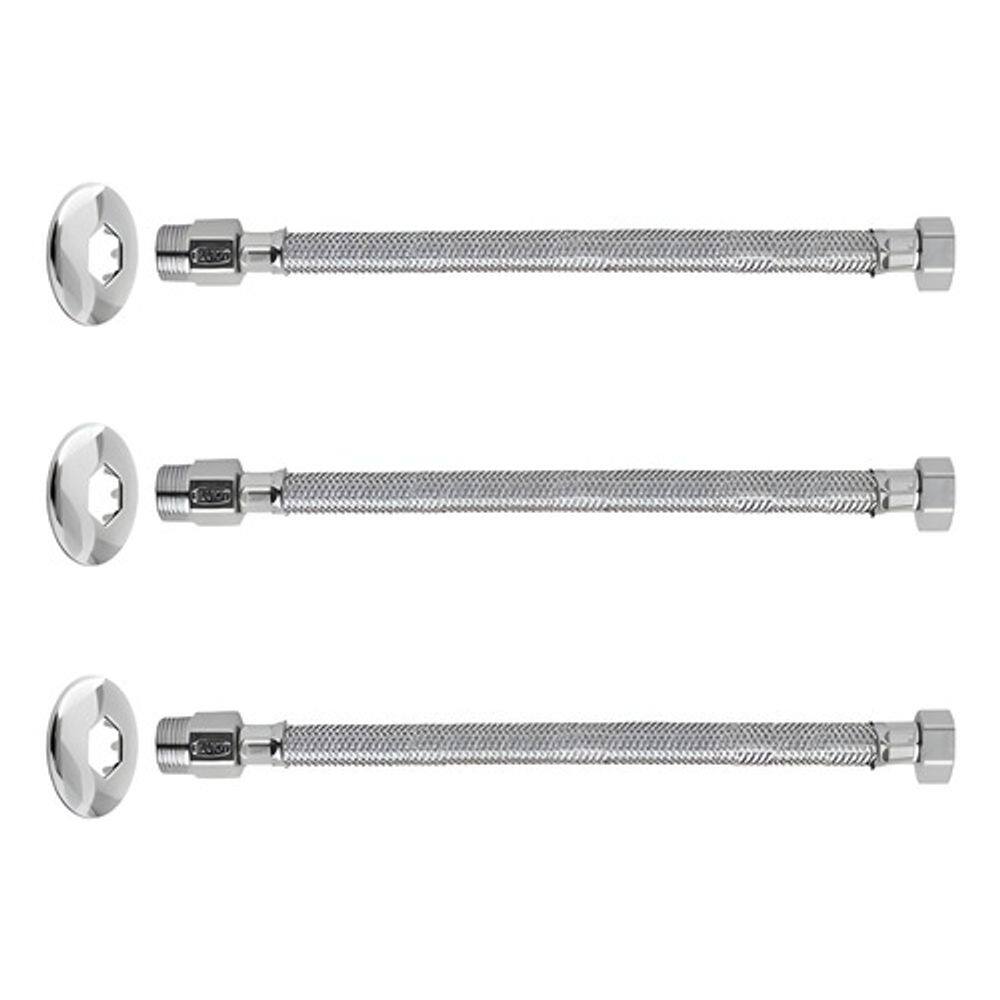 Kit 3 engate flexivel malha ligação aço bitola 1/2 30cm