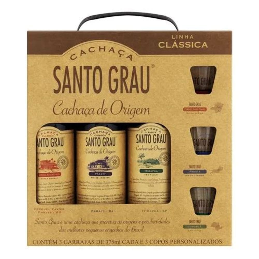 Kit Cachaça Santo Grau Clássicas 375ml + 3 Copos Dose 50ml