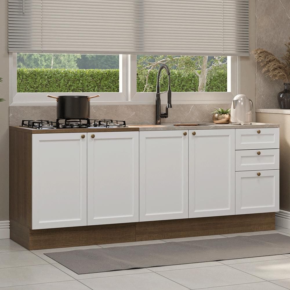 Kit com 2 Balcões de Cozinha 3 Gavetas 4 Portas (Sem Tampo e Pia) Rustic/Branco Vik Madesa 01