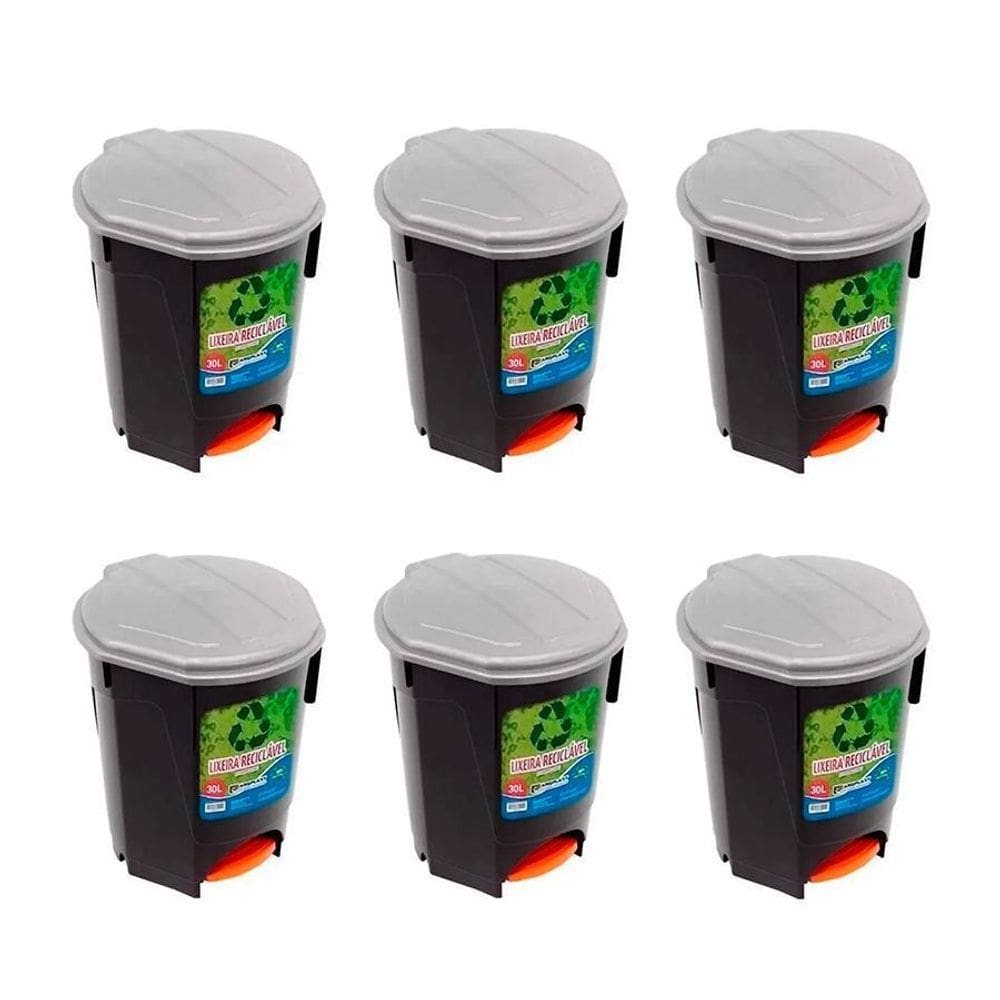 Kit 6 Lixeiras 30L Com Pedal Preta Multiuso Arqplast