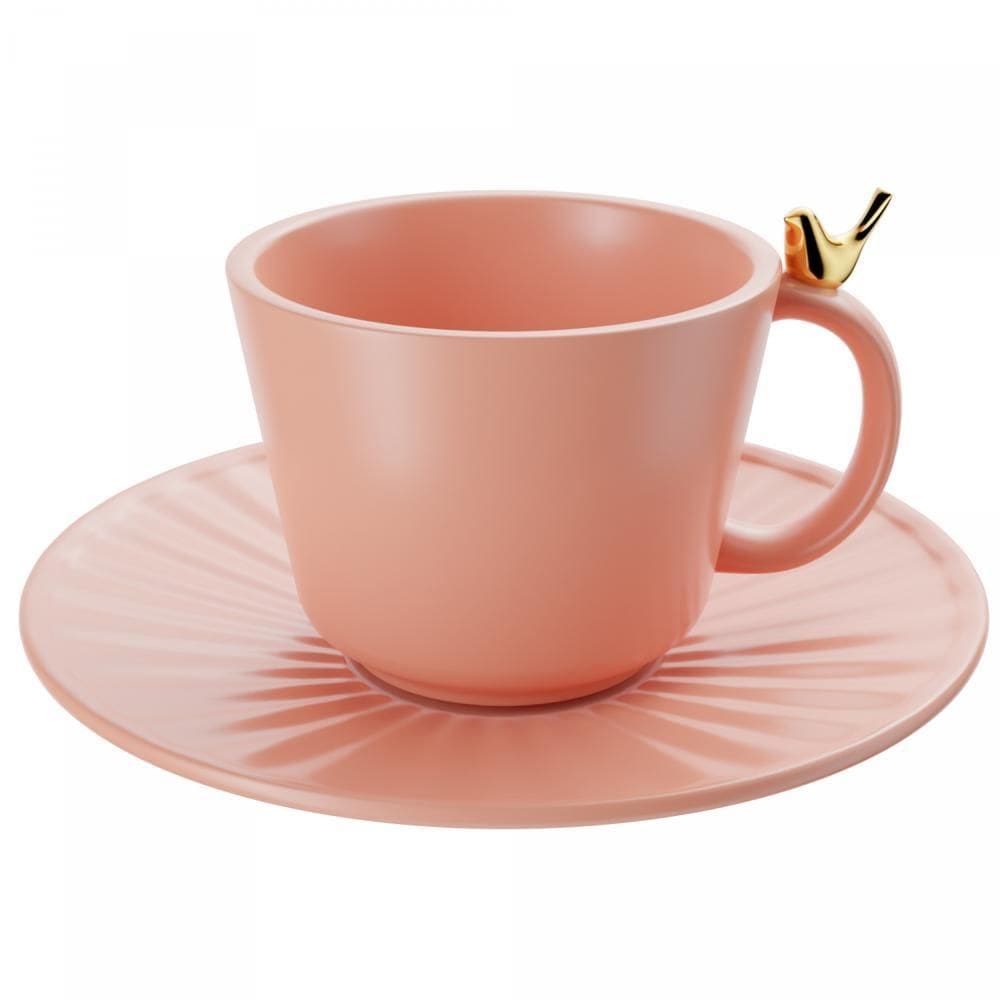 Kit 2 Xícaras Chá Cerâmica Colibri Pires Rosa 170ml Wolff
