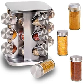 Porta Temperos E Especiarias Inox Base Giratória 360 Com 12 Potes De Vidro