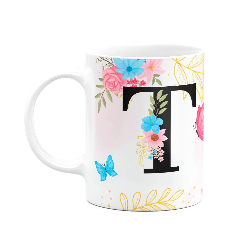 Caneca Floral Garden - Inicial do nome letra T - 325ml