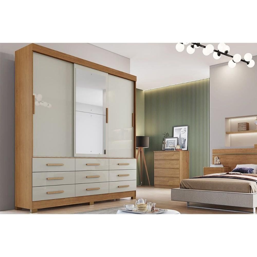 Guarda Roupa Solteiro 3 Portas (1 c/ Espelho) e 9 Gavetas Buriti/Jequitibá Cumaru/Fendi 25 - Novo Horizonte