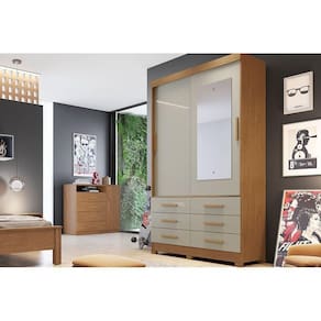 Guarda Roupa Solteiro 2 Portas (1 c/ Espelho) e 6 Gavetas Buriti/Jequitibá Cumaru/Fendi 25 - Novo Horizonte