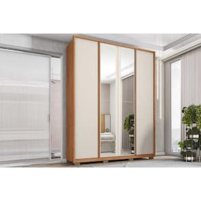 Guarda Roupa Solteiro 4 Portas (2 c/ Espelho) e 3 Gavetas Lior Lux Freijo/Off White Mr - Caemmun