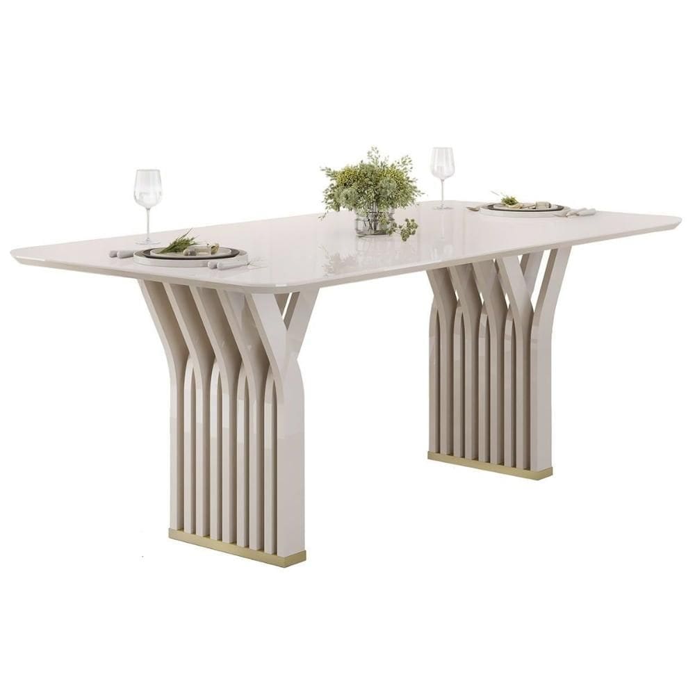 Mesa de Sala Jantar Yara c/ Tampo Madeirado c/ Vidro Redondo 180x100cm Off White/Off White - DJ Móveis