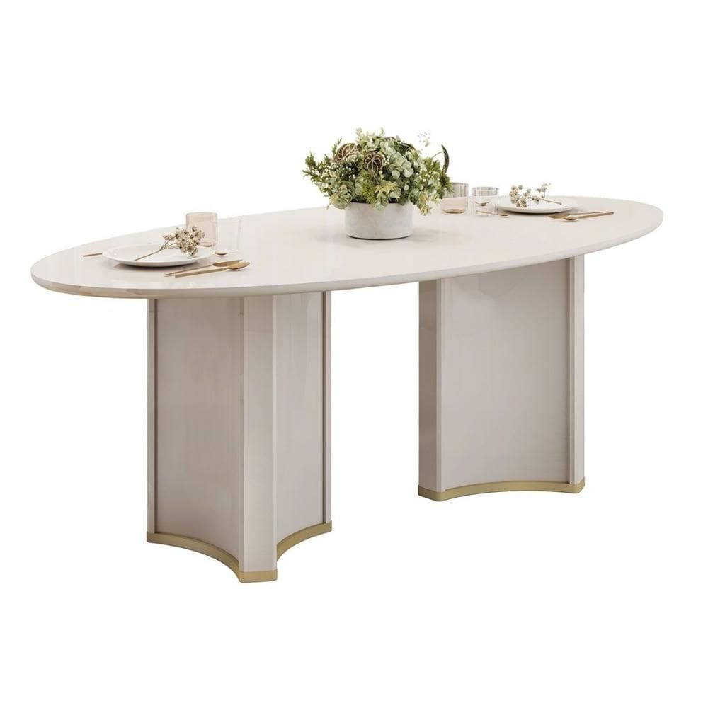 Mesa de Sala Jantar Liz c/ Tampo Madeirado c/ Vidro Oval 218x108cm Off White/Off White - DJ Móveis