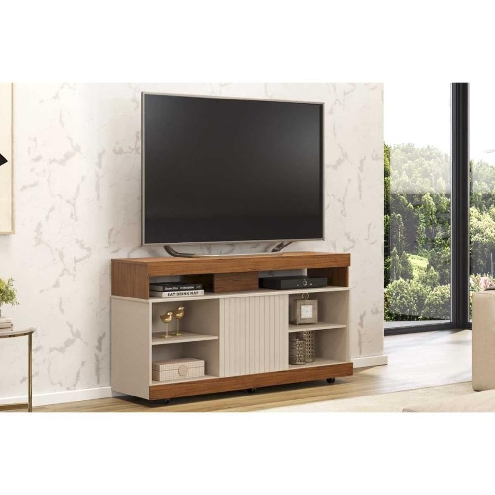 Rack Bancada p/ TV até 50 Pol Dili 120x67cm Freijo/Off White - DJ Móveis